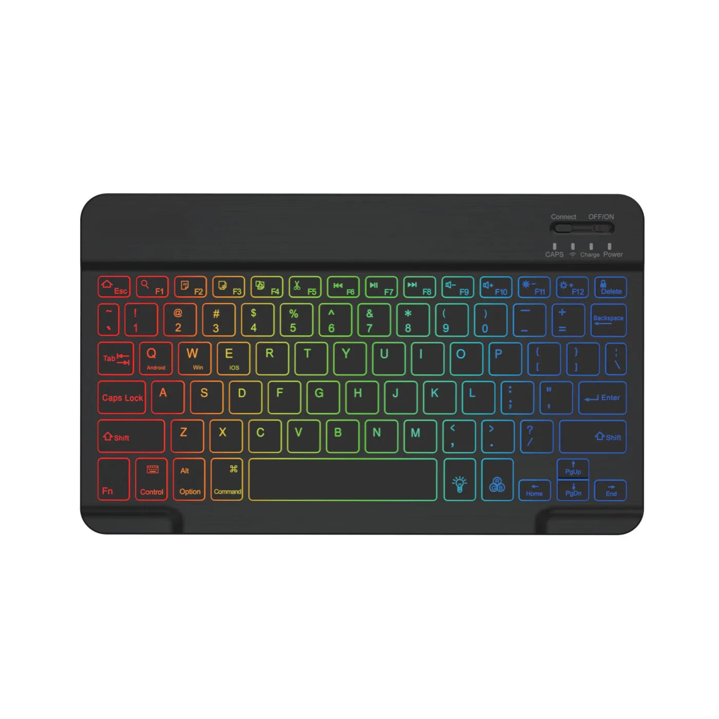 10-inch black Bluetooth keyboard with colourful LED backlighting for tablets on a desk.