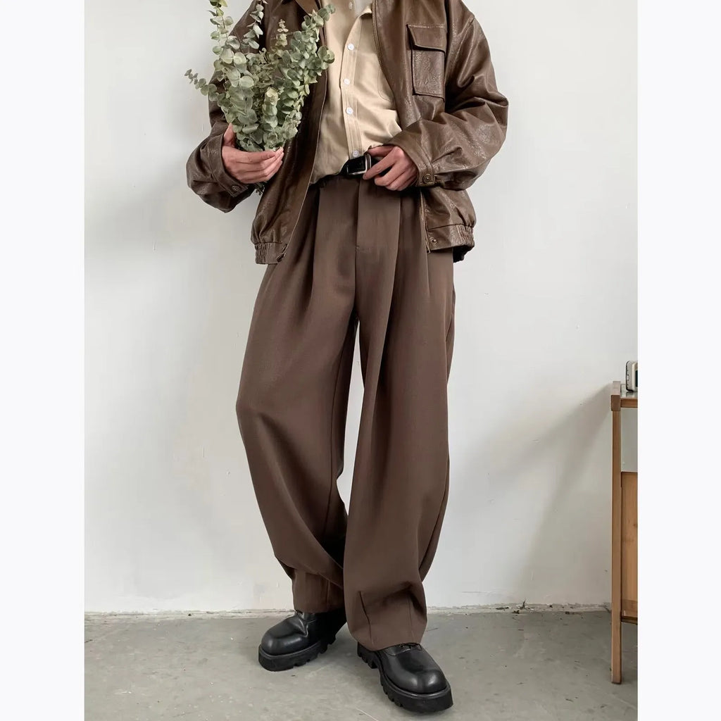 Men's Japanese retro wide-leg drape suit pants in black or brown, sizes M-3XL, loose polyester blend