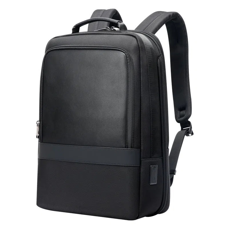 Men's commuter nylon backpack in black with stitched design and large 20-35 litre capacity for business travel