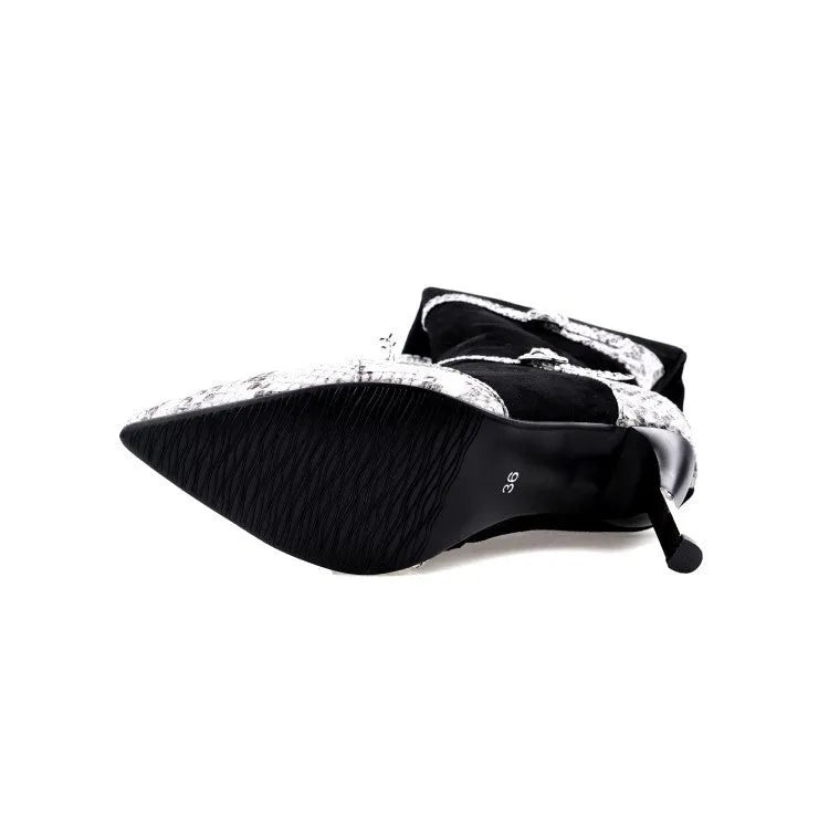 Women's grey knee-high stiletto boots with a 9cm heel and velvet lining.