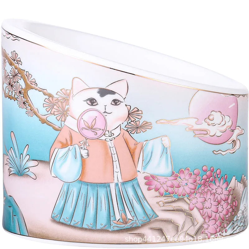 Chinese style ceramic cat bowl with high leg stand and dual feeding compartments