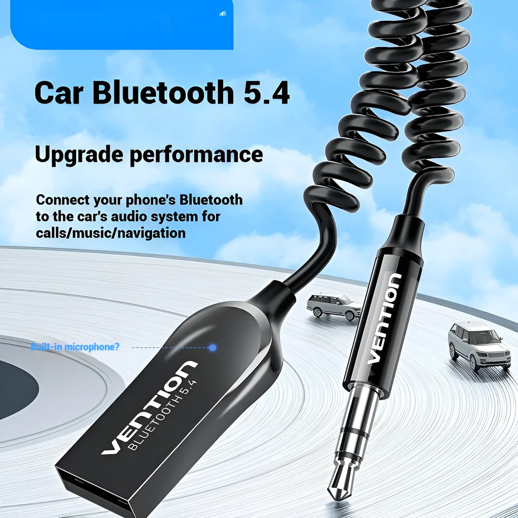 Compact USB car Bluetooth audio receiver with zinc alloy USB plug and copper 3.5mm jack on a PU-coated cable.
