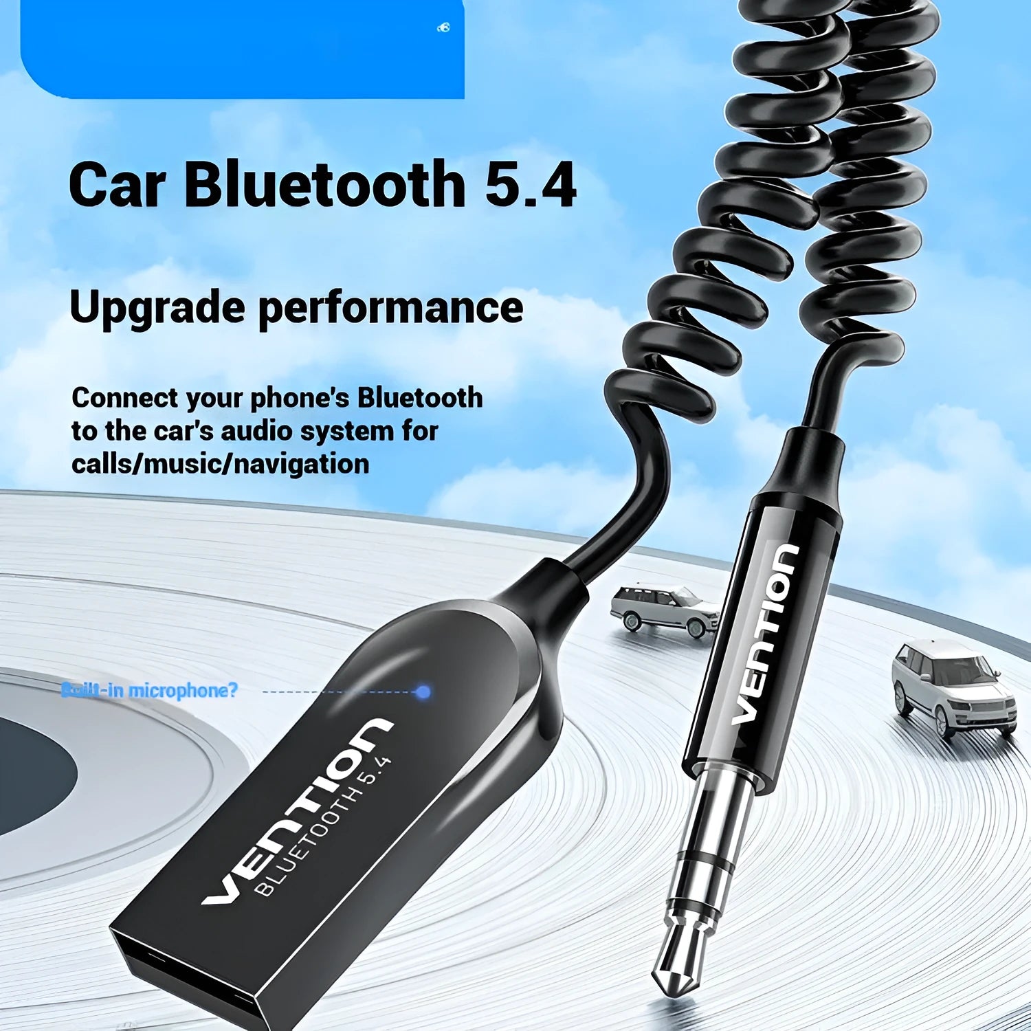 Compact USB car Bluetooth audio receiver with zinc alloy USB plug and copper 3.5mm jack on a PU-coated cable.