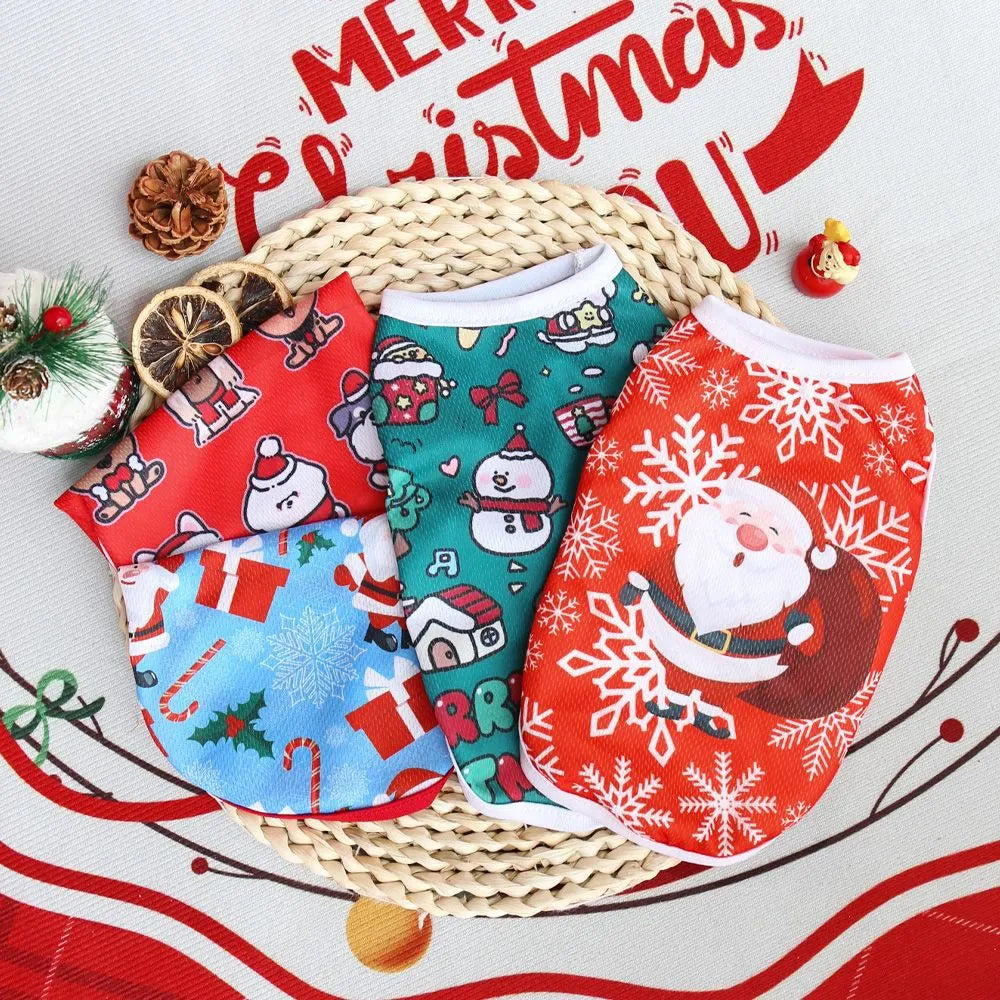 Christmas pet vest for small dogs and cats, non shedding polyester, short style, available in sizes XS to XXL with Santa and tree prints