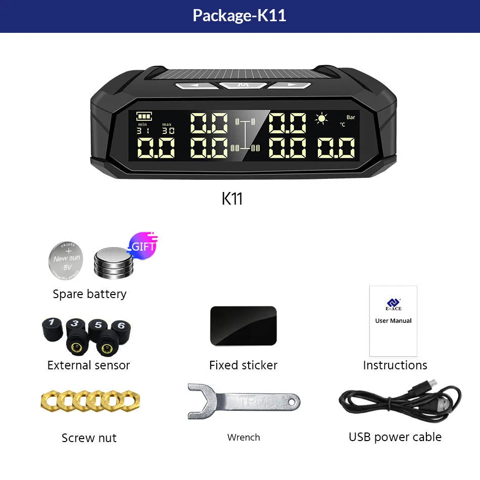 Solar-powered tyre pressure monitor with colour screen and six external sensors for trucks and RVs