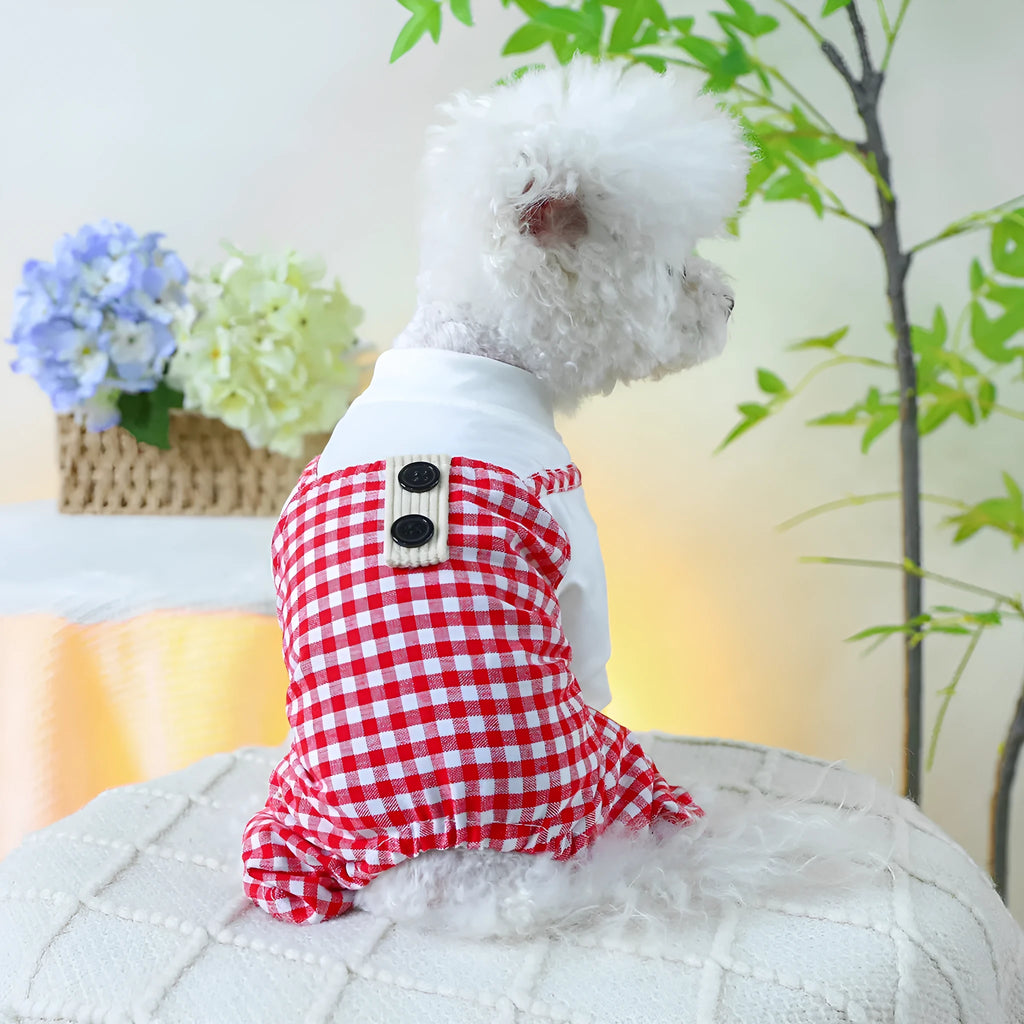 Fashion pet dog plaid overalls in black and white suspender style on a dog, polyester material