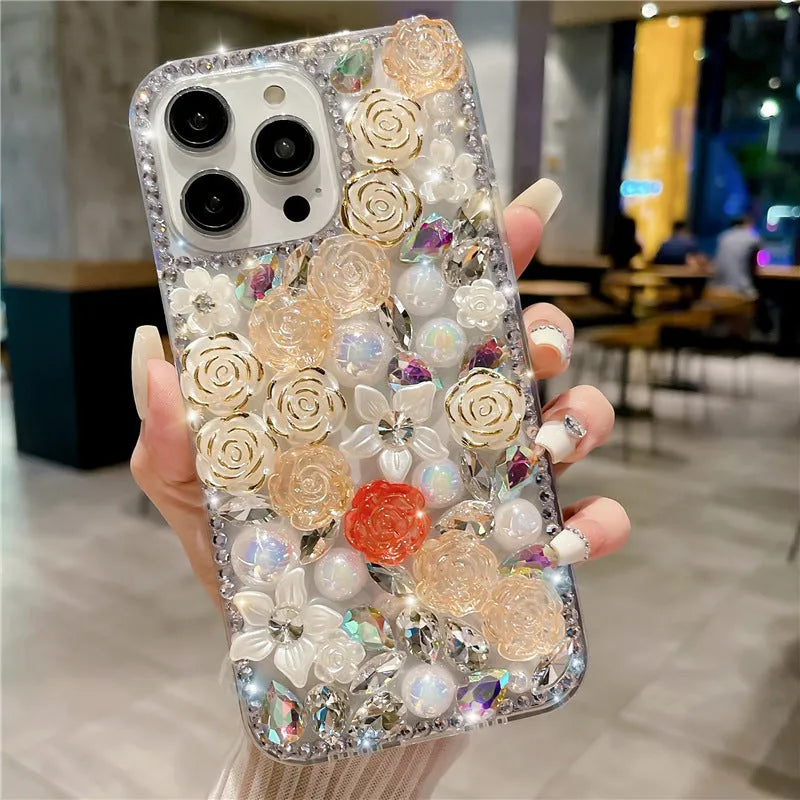 Handmade full diamond rose flower TPU phone case for iPhone 15 Pro Max in red rose colour
