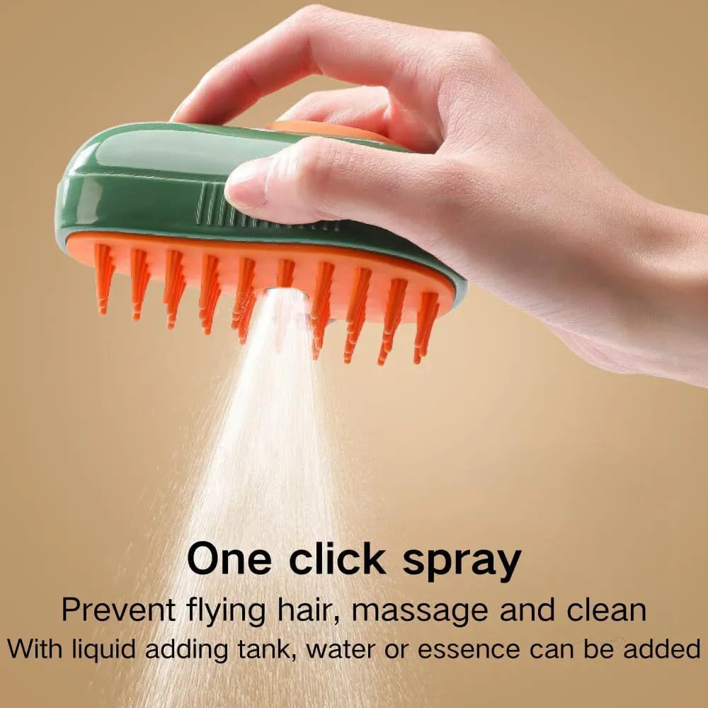 Green and white rechargeable 3-in-1 cat steam brush with silicone teeth and water spray nozzle.
