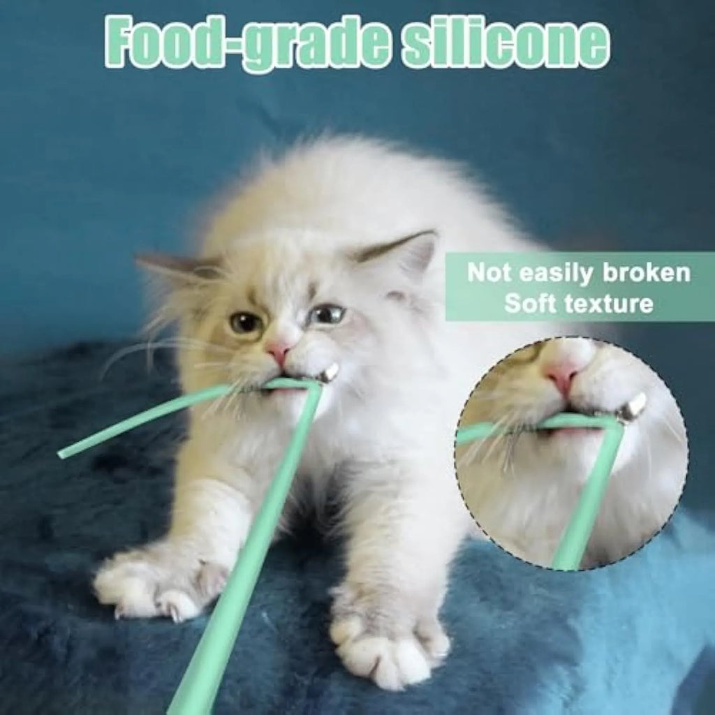 Electronic cat wand toy with swinging silicone tails, green colour option, 38cm length