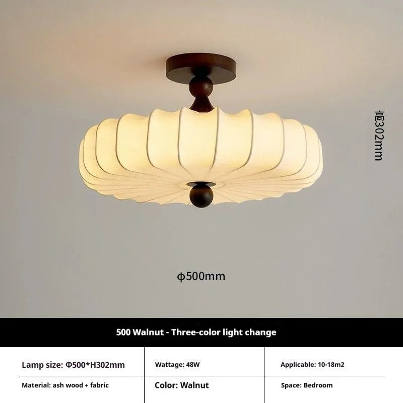 Mid-ancient French retro fabric ceiling lamp with ash wood frame in walnut colour, 30cm diameter