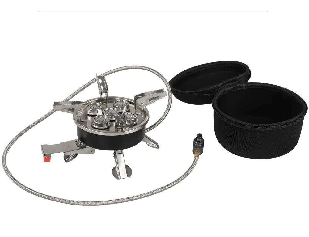 Silver foldable stainless steel and copper split camping stove with a long hose, shown closed for transport.