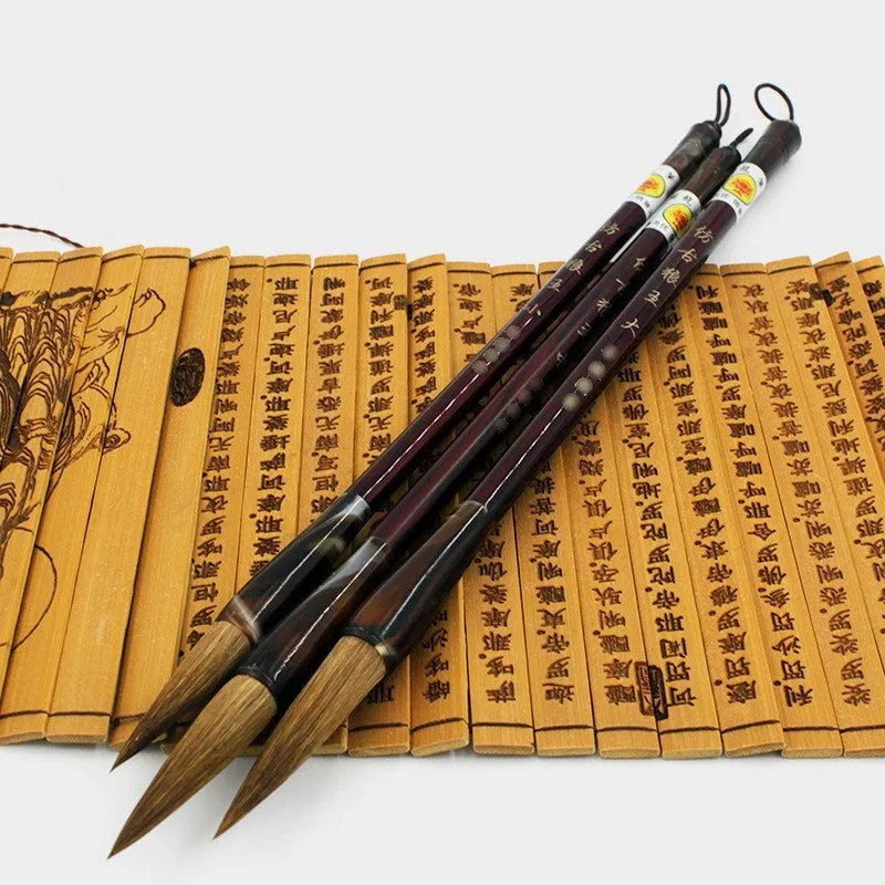 Traditional Chinese calligraphy brush set with wolf hair bristles in large, medium, and small sizes for Longfeng painting