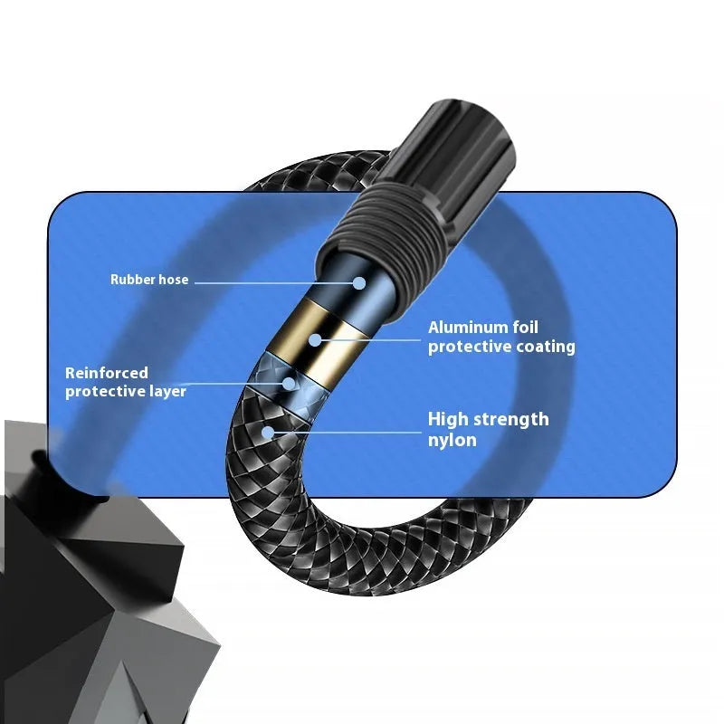 Black portable digital tyre inflator with LED light and 12V power cable.