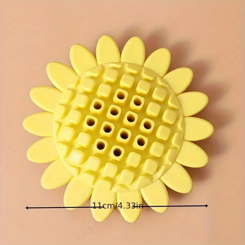 Yellow rubber sunflower dog chew toy with 10cm diameter head and 5cm stem