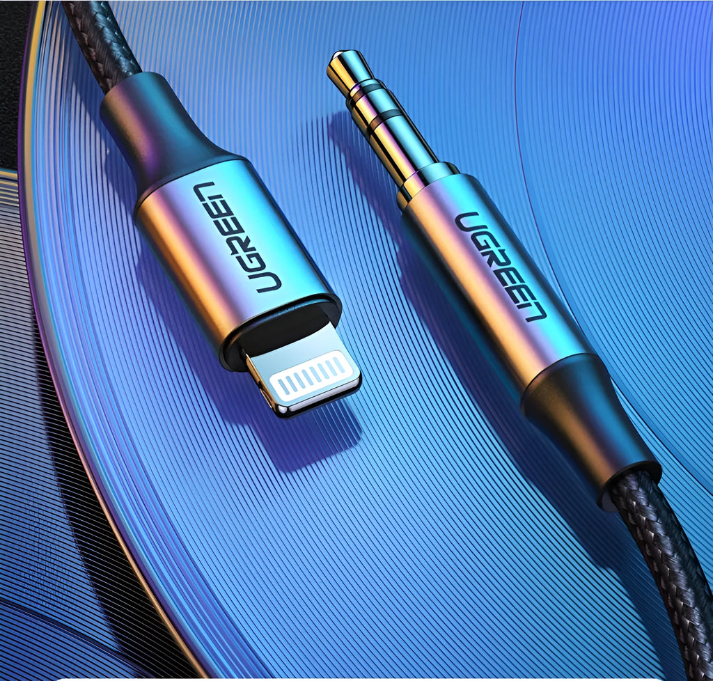 Black Apple Lightning to 3.5mm audio adapter cable with braided fabric and aluminum connector shell.
