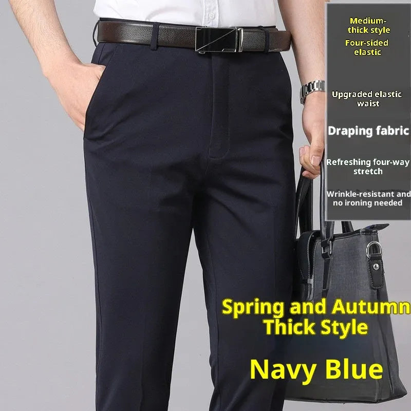 Men's loose straight suit trousers in Business Black, 95% polyester, with metal decoration detail