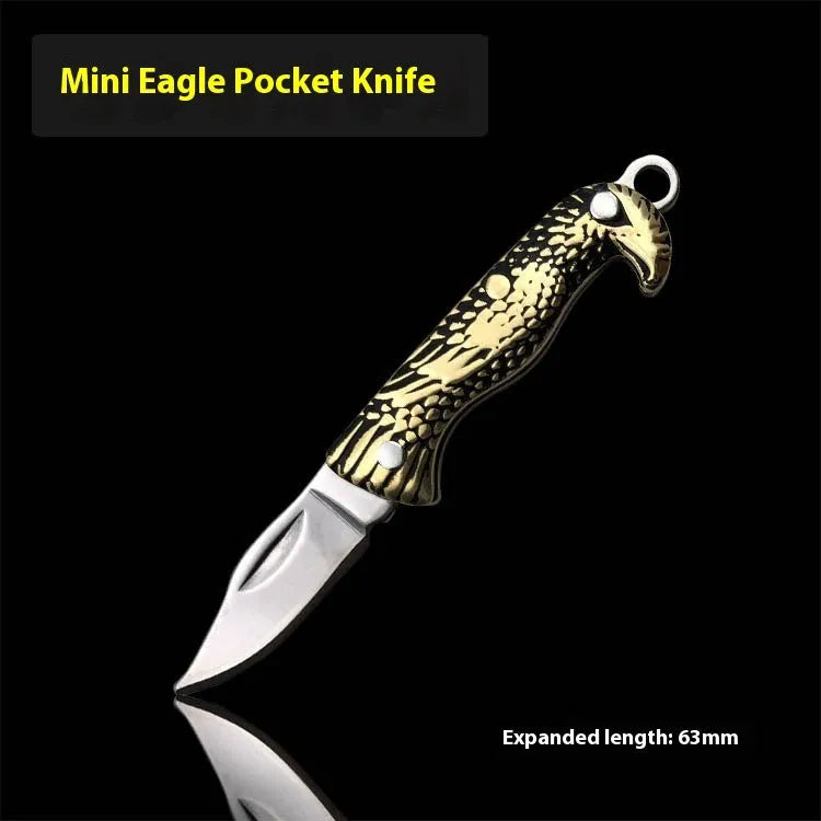 Brass mini folding knife keychain pendant with 3cm blade and 50mm or 60mm full length in five brass handle styles.