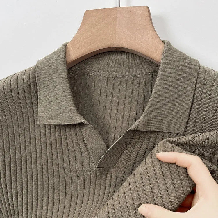 Men's striped mulberry silk T-shirt with lapel collar in multiple colours