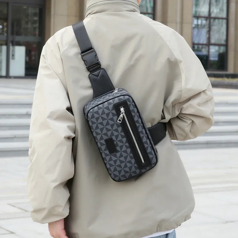 Men's black PU cross-body shoulder bag with printed design and sewing line detailing