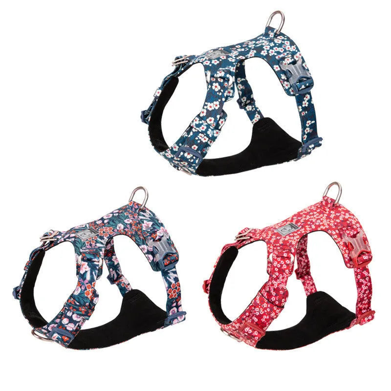 Floral pattern cotton pet harness with chest strap shown in blue, green and red colour options