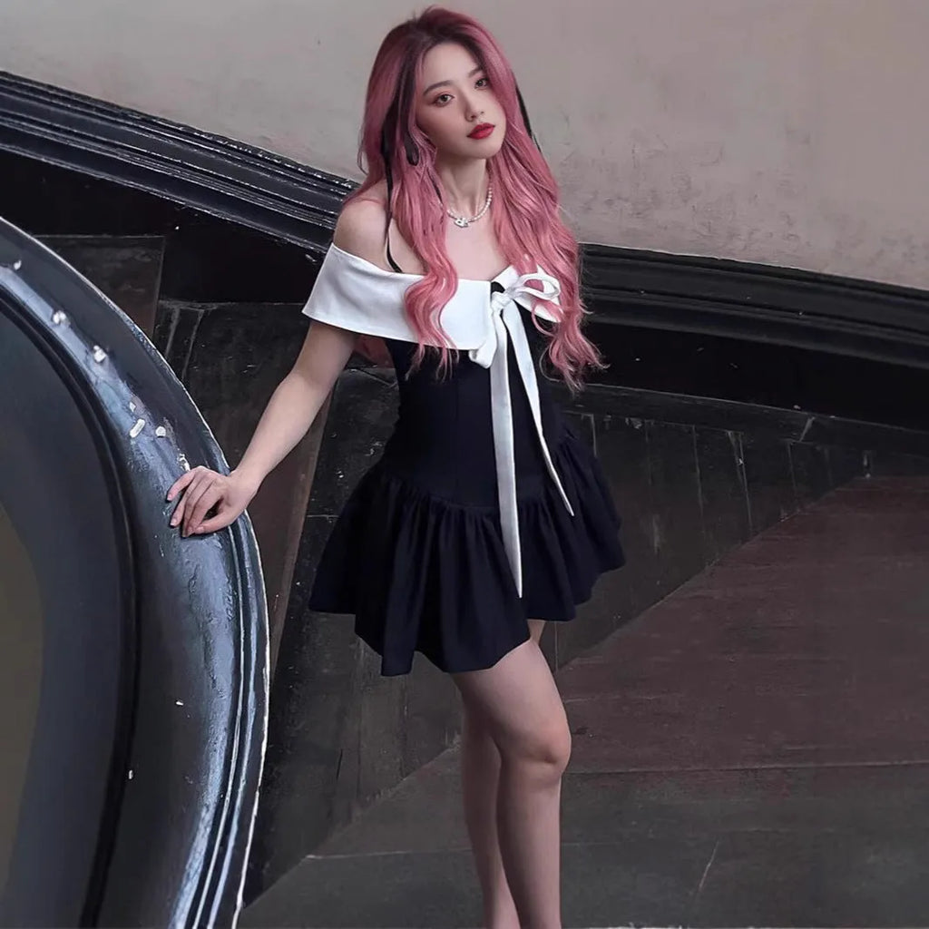 Black off-shoulder bow lace-up waist trimming short-sleeved mini dress high waist A-line