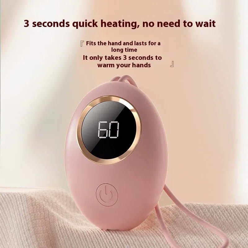 Compact USB-powered hand warmer with digital display in various colour options.