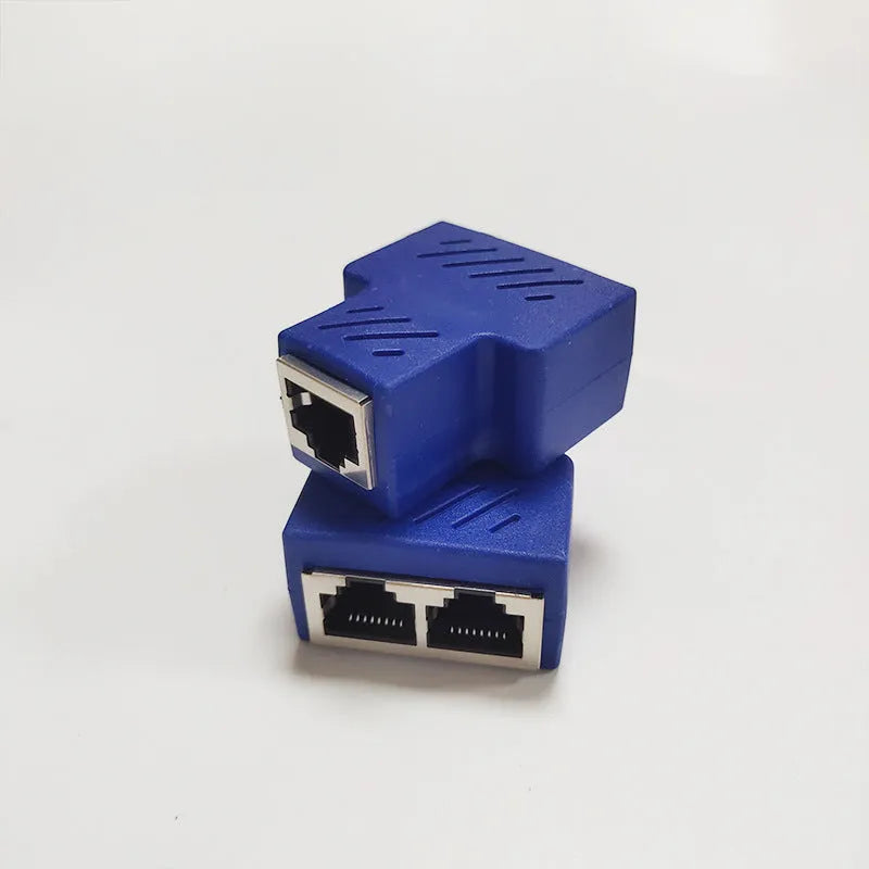 RJ45 network tee splitter adapter in multiple colours, showing one input and two output ports.