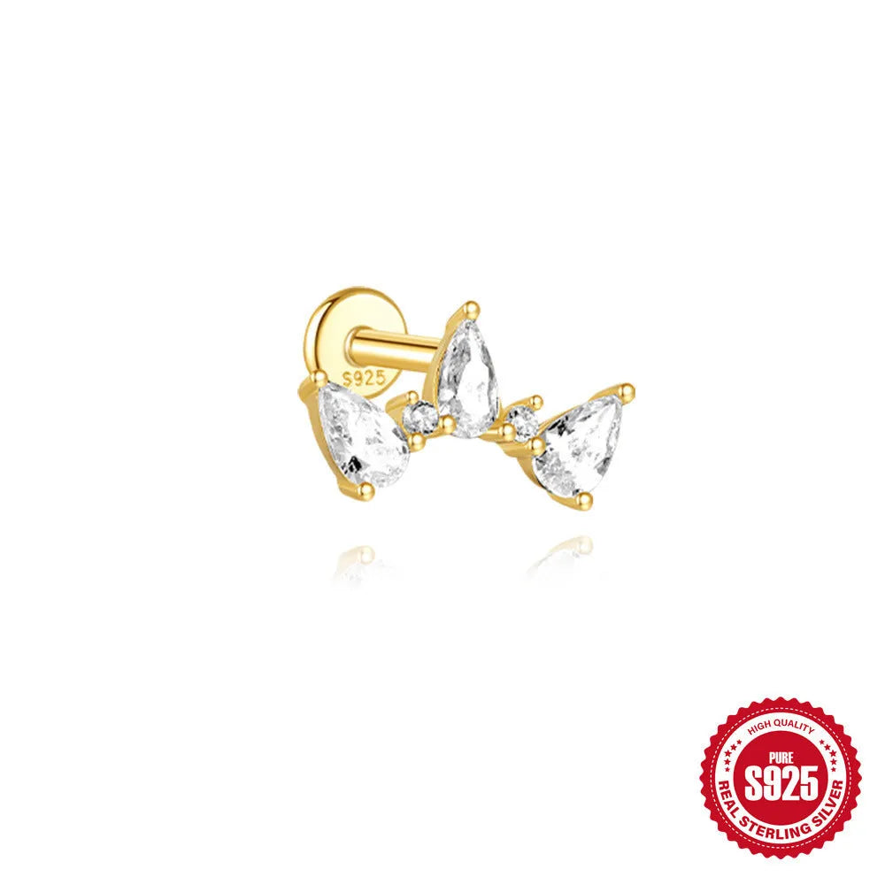 S925 sterling silver water drop earrings with flat spiral piercing post in gold colour