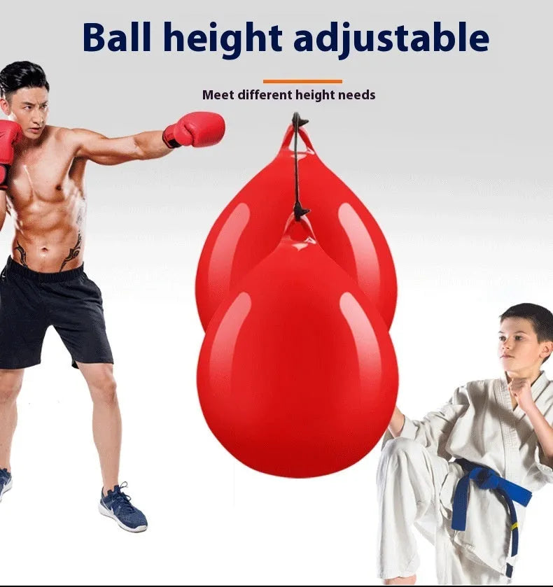 Red water-filled boxing reaction ball with hook rope attachment for martial arts training