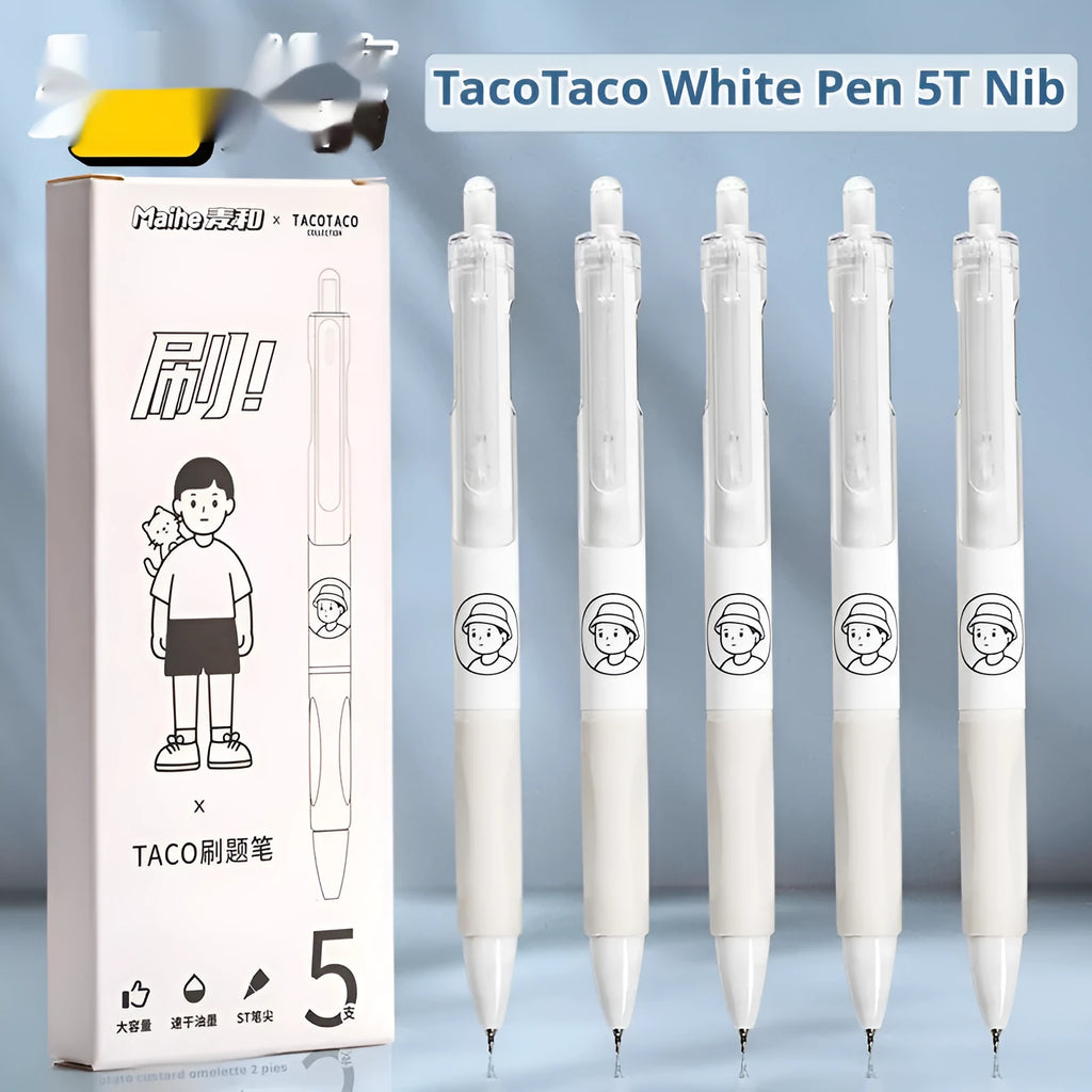 Five white plastic ballpoint pens with 0.5mm black ink tips arranged together