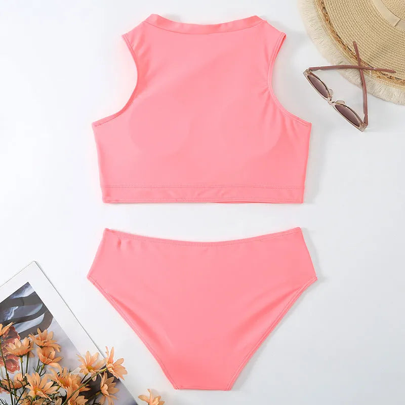 Pink high-waist nylon bikini swimsuit with briefs style and European sizing