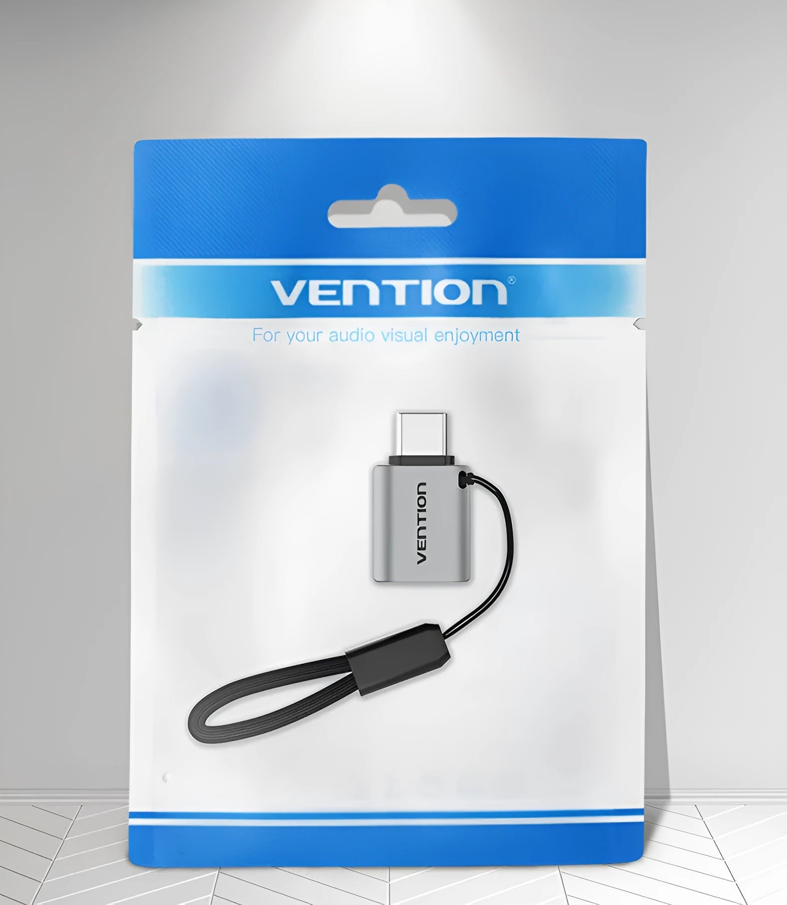 Grey aluminium alloy USB 3.0 Type-C male to Type-A female OTG adapter with lanyard