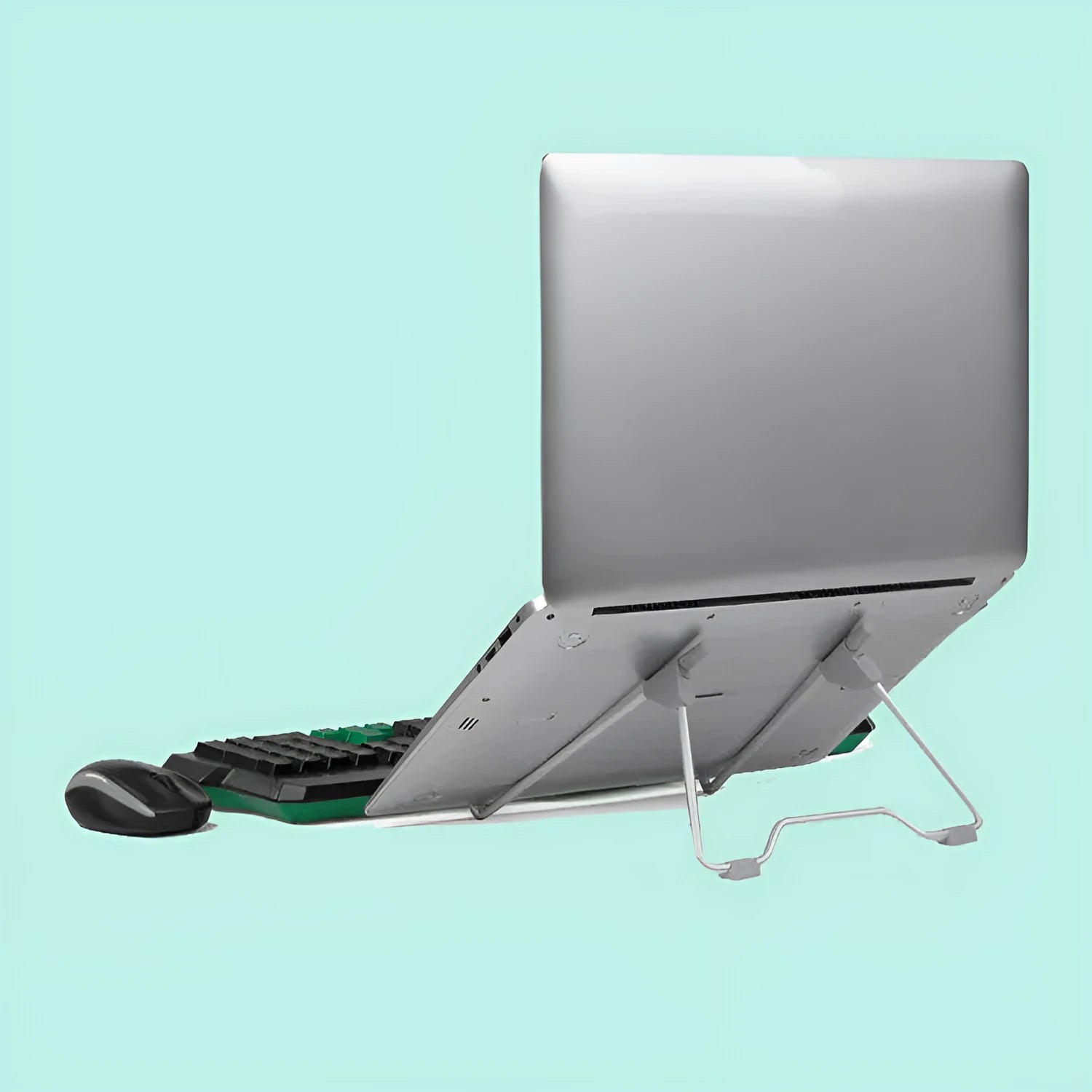 Grey aluminium alloy adjustable stand holding a mobile phone and a laptop at an angle.