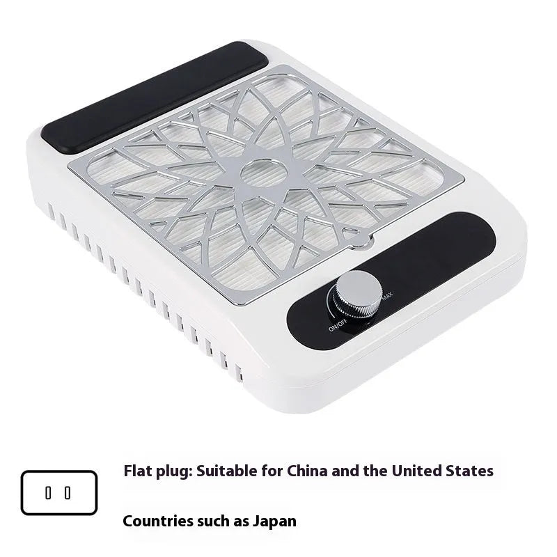 White nail dust collector with adjustable speed control and removable filter net for nail art