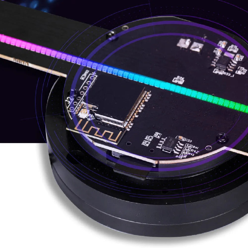 Black 42cm 3D holographic advertising fan screen display unit on a floor stand.