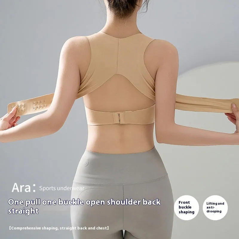 Women's cross-front yoga bra with buckle detail, moulded cups and back shaping design in three colour options