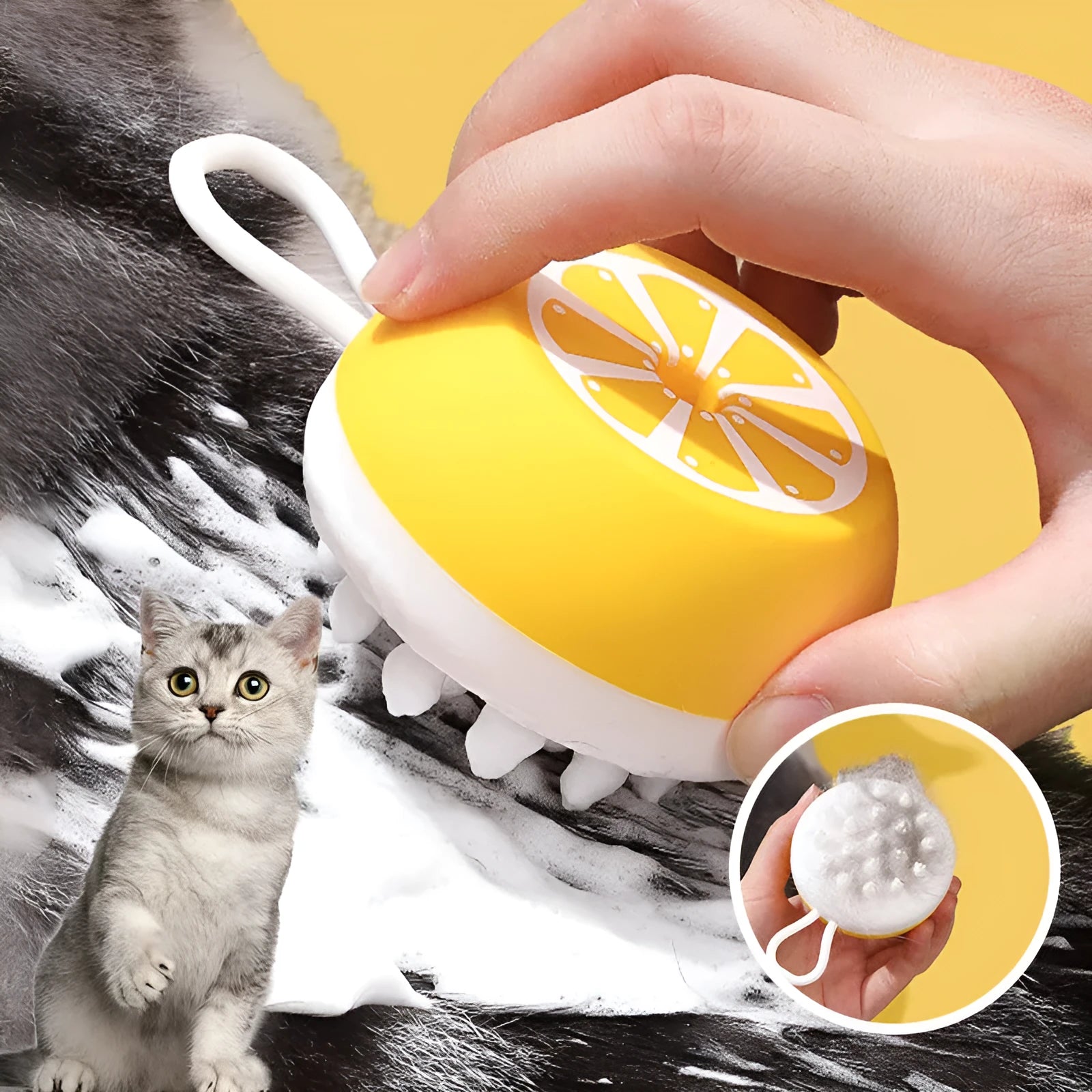 Yellow silicone pet bath brush with 3D massage head for dog and cat grooming during bath time
