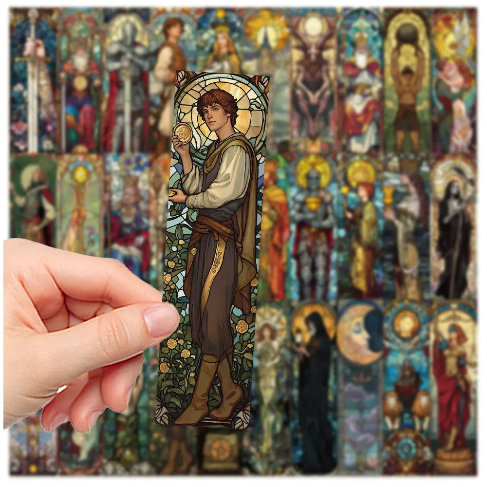 30 paper tarot bookmarks with painted glass designs in homemade style