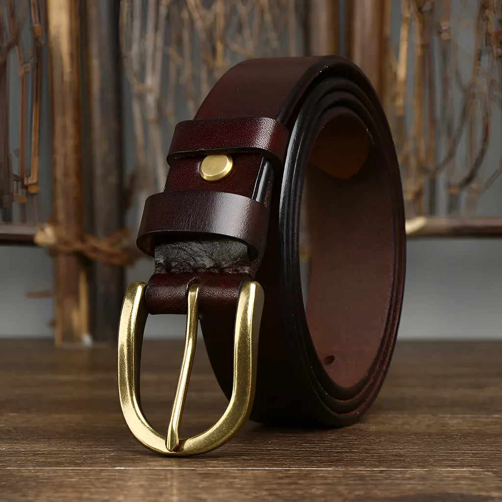 Men's genuine leather belt 3.3cm wide with copper buckle, retro casual style, khaki colour, pin-buckle fastening