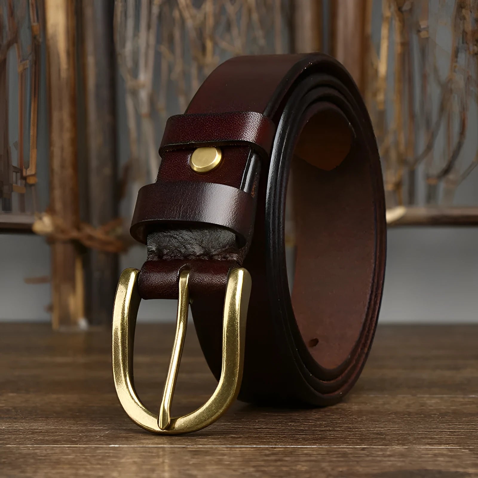 Men's genuine leather belt 3.3cm wide with copper buckle, retro casual style, khaki colour, pin-buckle fastening