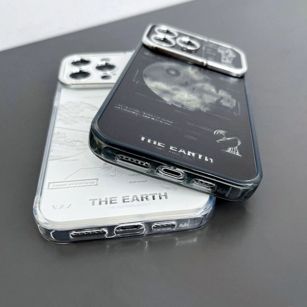 Pleated bracket TPU phone case with metal planet design for iPhone 14 Pro, two colour options shown