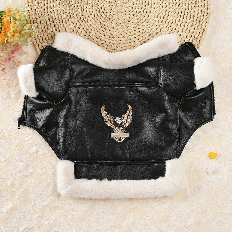 Black and brown leather dog coat for autumn and winter with vest and jacket styles