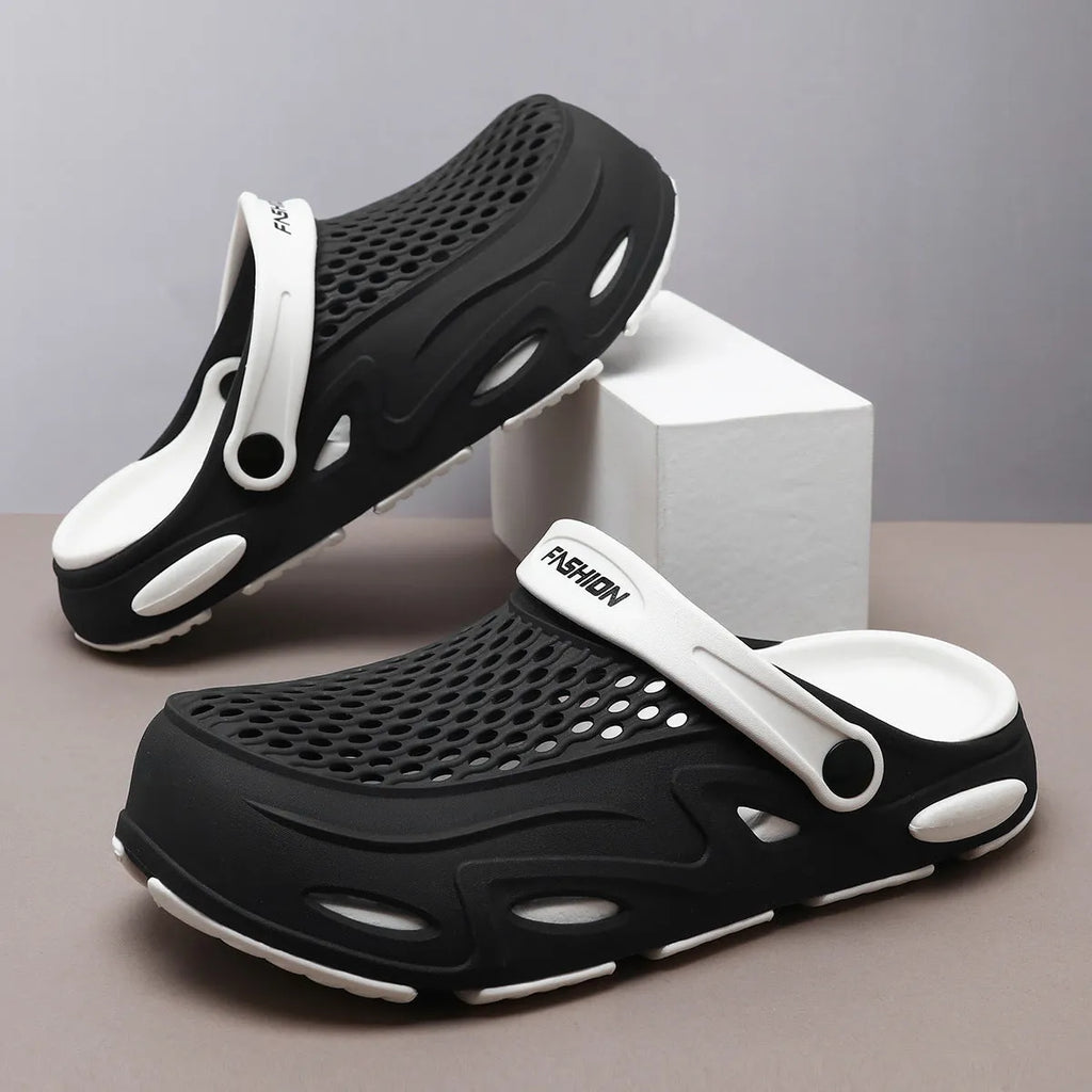 Men's grey closed toe EVA beach slippers with grid pattern upper and non-slip sole