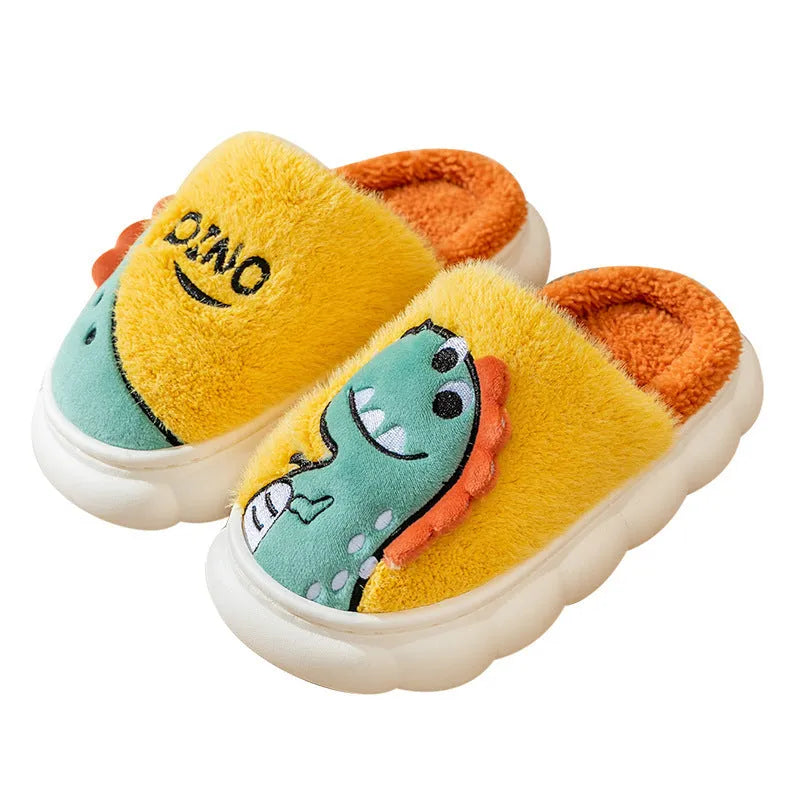 A pair of warm cotton plush dinosaur-themed indoor slippers for couples, shown in grey, coffee, and orange colour options.