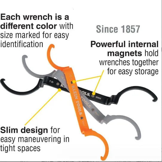 Three colour-coded wrenches in orange, grey and black showing crescent, magnetic and catheter locking designs