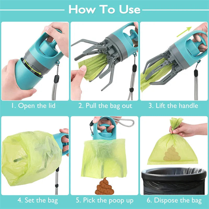 Blue portable dog pooper scooper with eight-claw mechanism and built-in bag dispenser