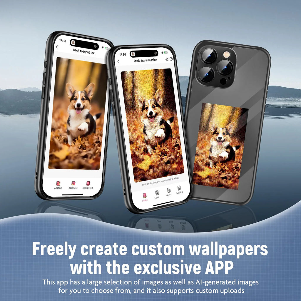 Black iPhone 15 Pro Max flip case with NFC ink screen showing custom design