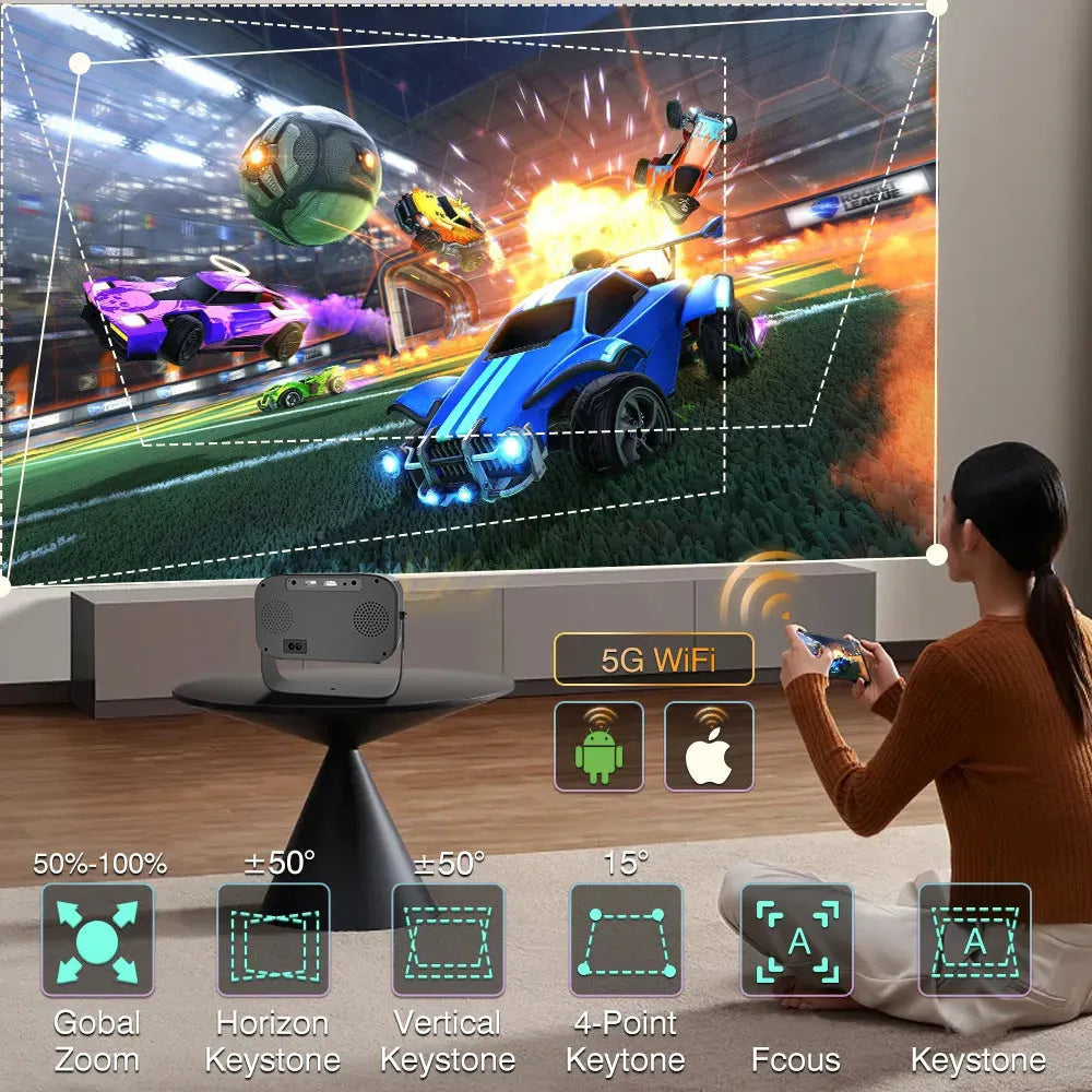 Black portable HD projector with Android system showing presentation on wall