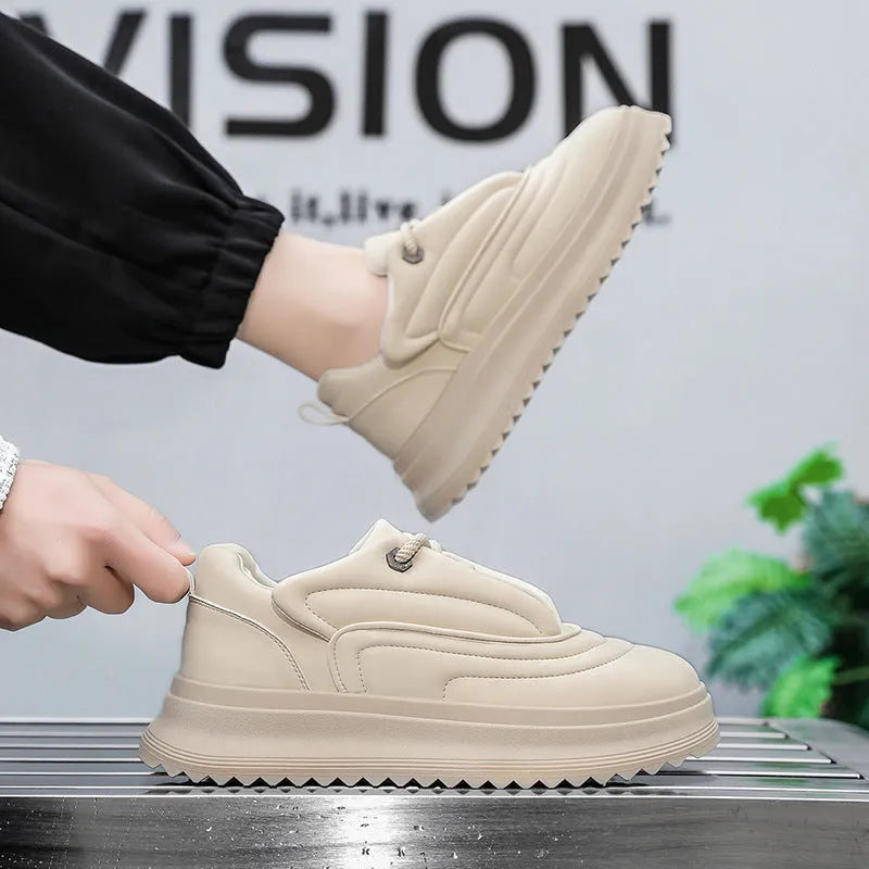 Casual cowhide leather sports shoes with thick sole in khaki, apricot, white, or black.