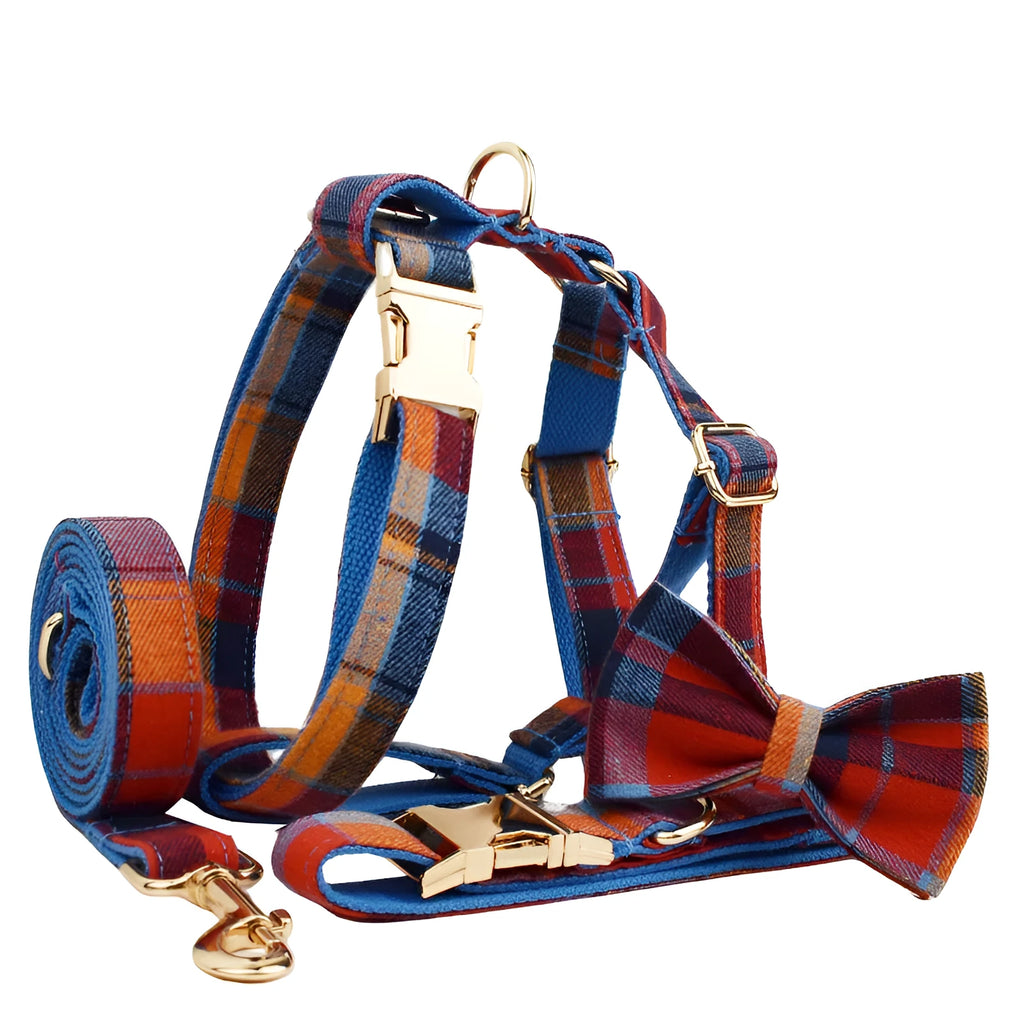 Four-piece gentleman bow dog collar set with cloth vest and matching leash in size options from XS to XL